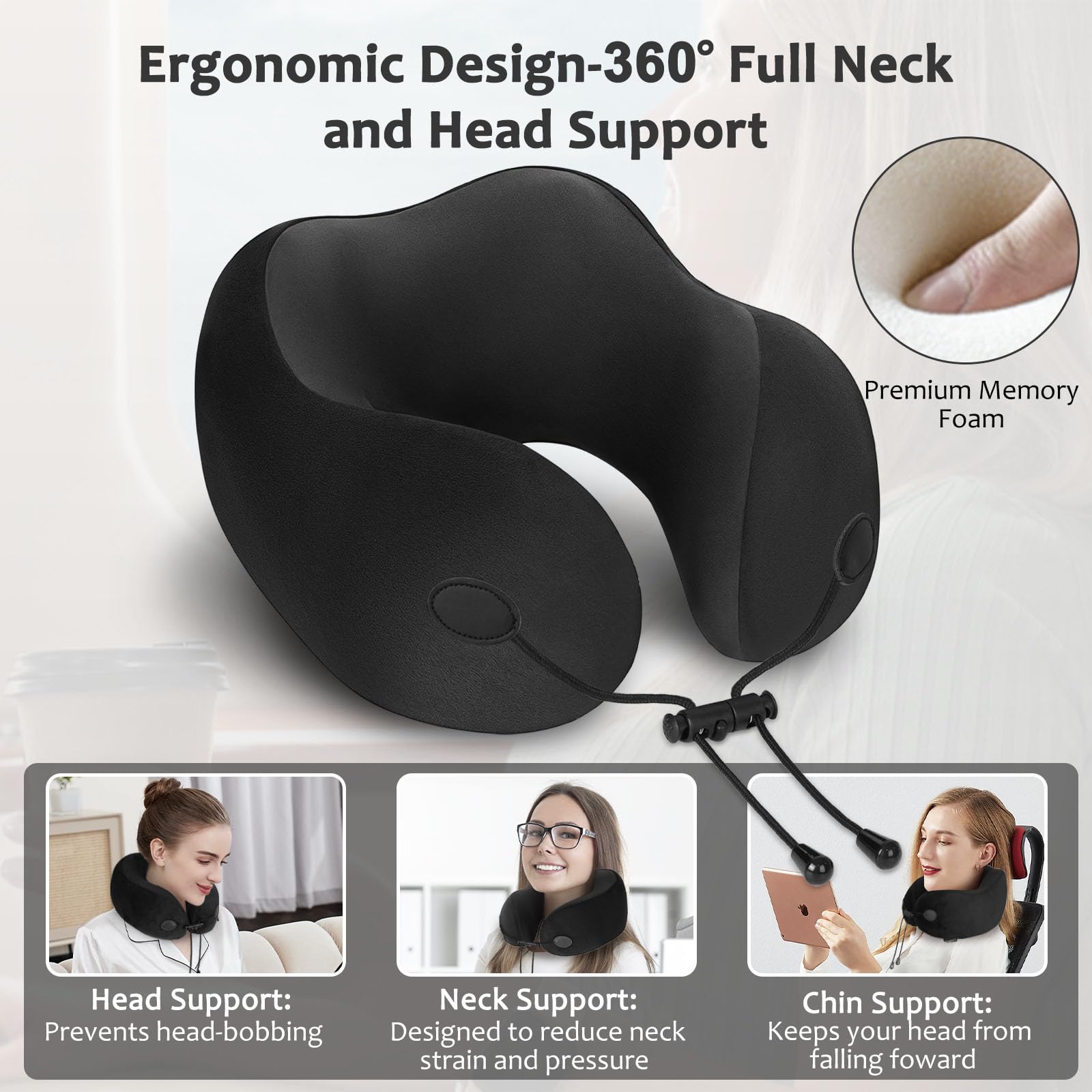 ZEOPRIX travel pillow 360° support demonstrates stability for different sleeping positions.