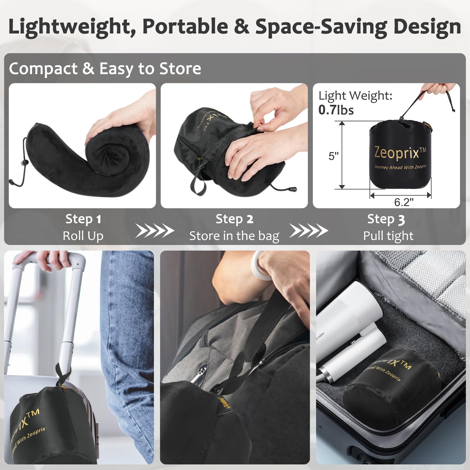 ZEOPRIX travel pillow earplugs included for quieter flights.