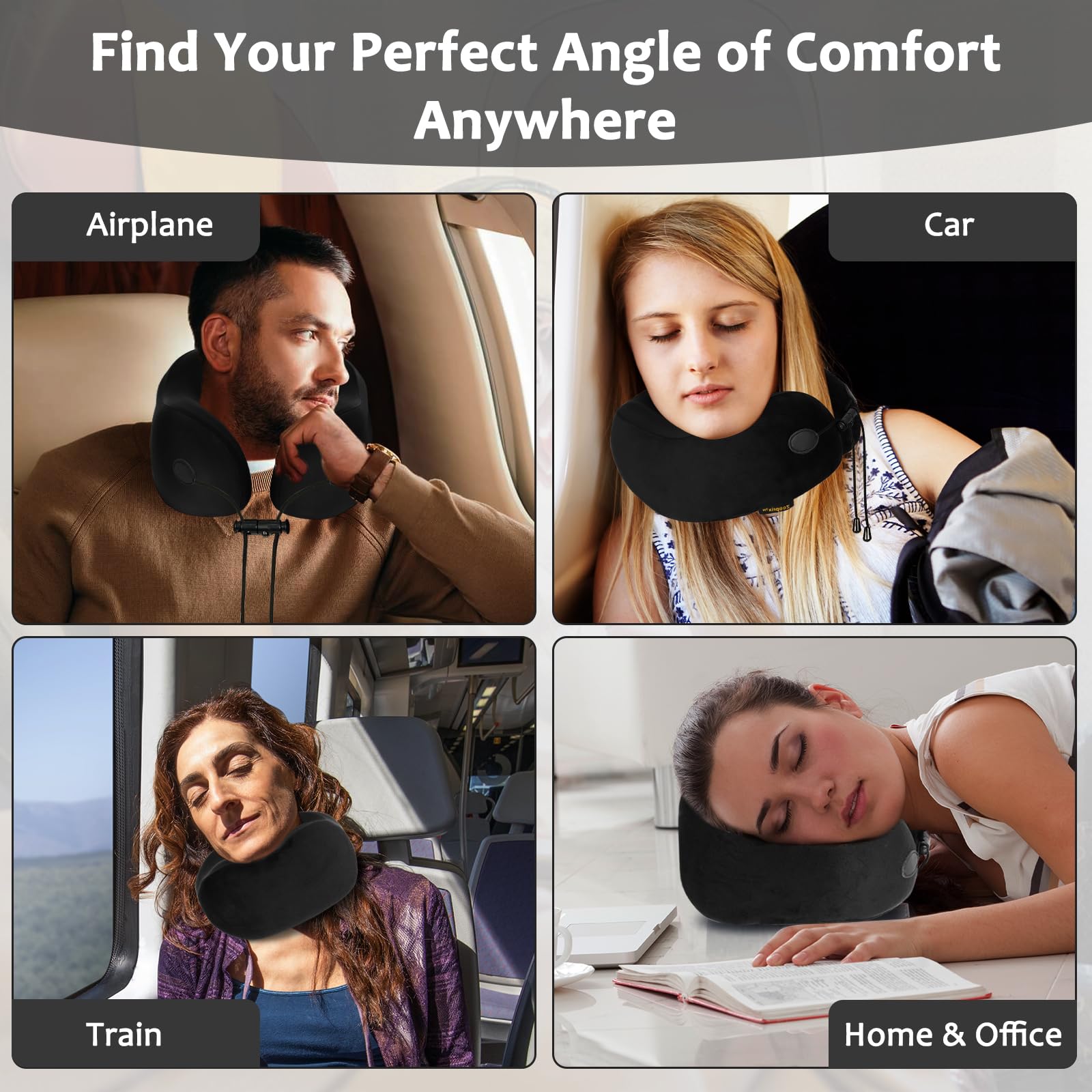 ZEOPRIX travel pillow in-use on a plane seat during a long journey.