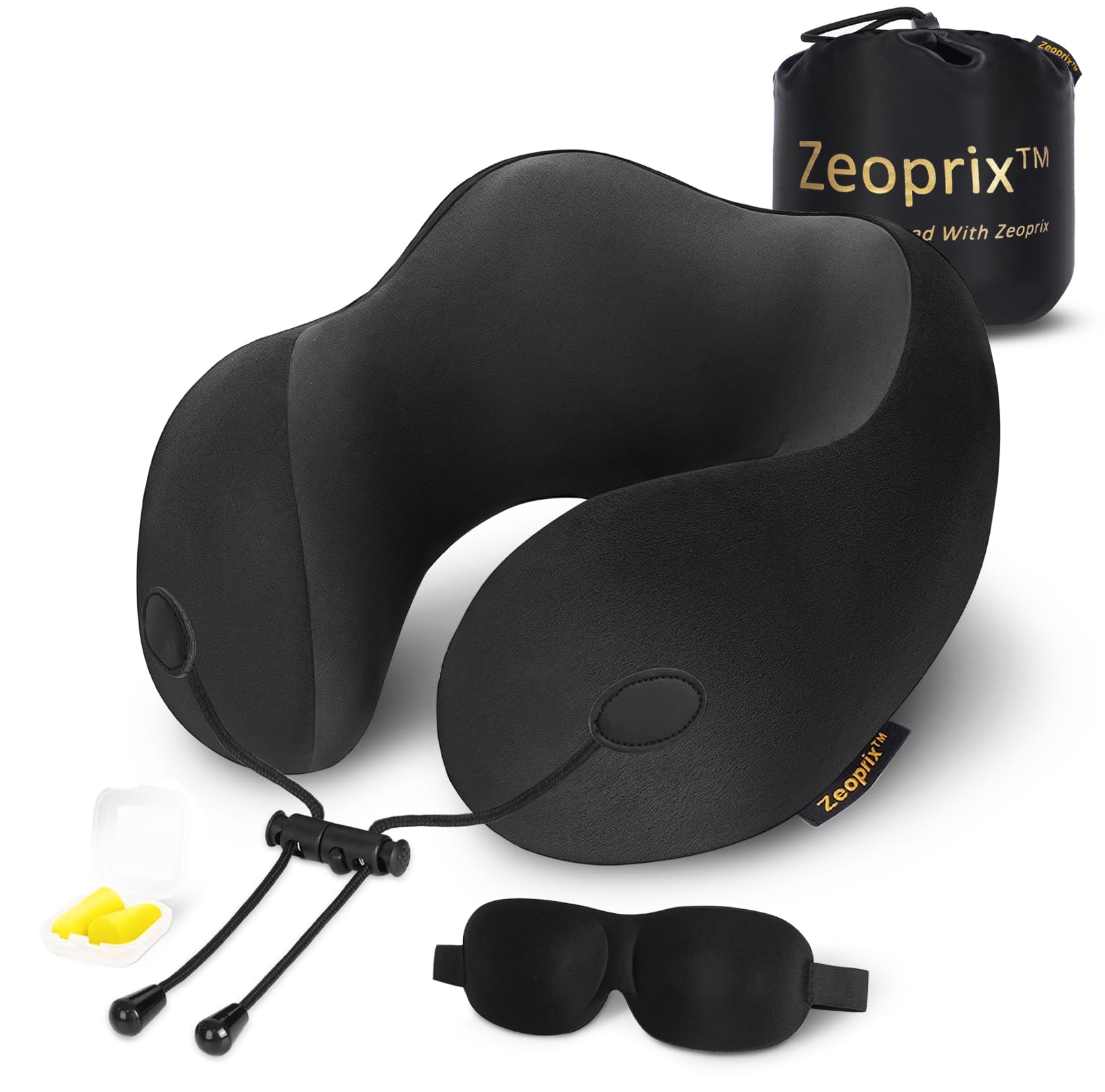 ZEOPRIX travel pillow memory foam close-up shows ergonomic neck support.