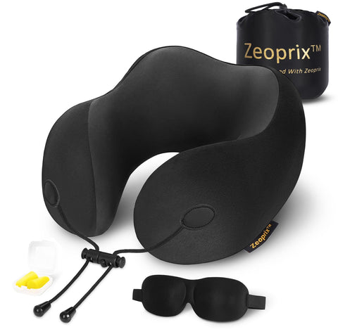 ZEOPRIX travel pillow memory foam close-up shows ergonomic neck support.