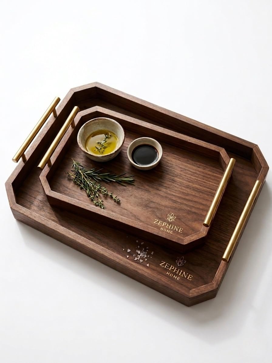 Zephine Home hexagonal tray in dark brown with gold handles for elegant serving.