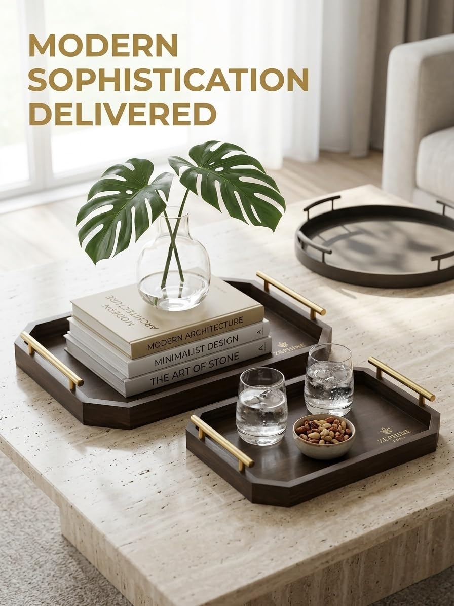 Zephine Home dark wood tray on a coffee table for stylish display.