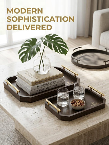 Zephine Home dark wood tray on a coffee table for stylish display.