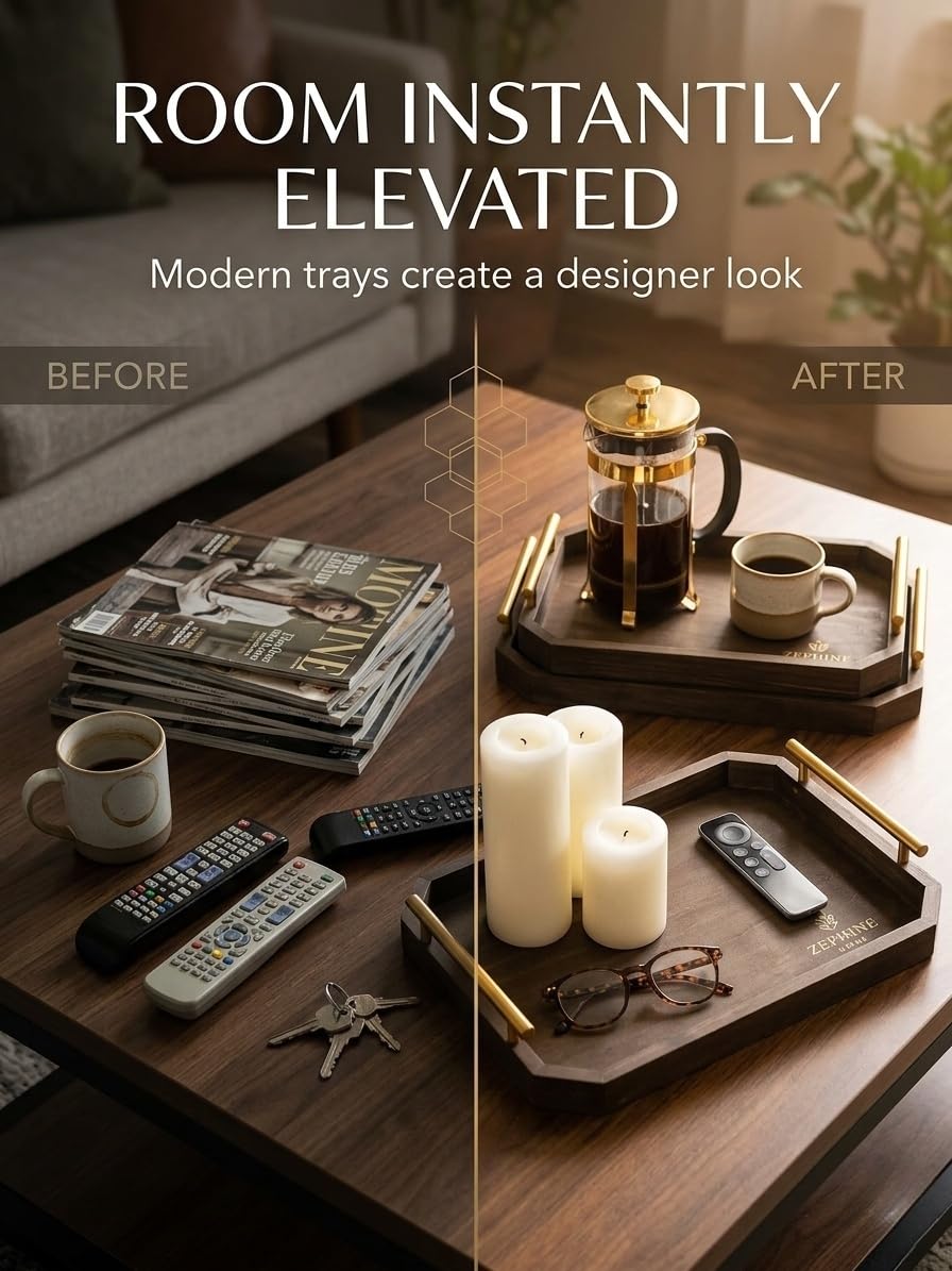 Zephine Home hexagonal tray organizing vanity items with gold accents.