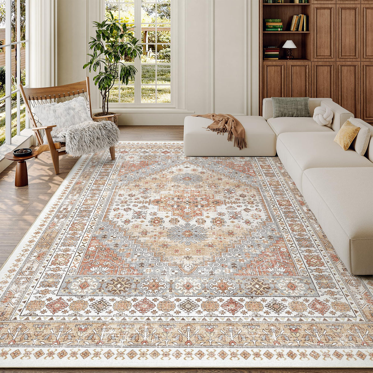 Zesthome 6x9 orange area rug with velvet surface and non-slip backing enhances safety.