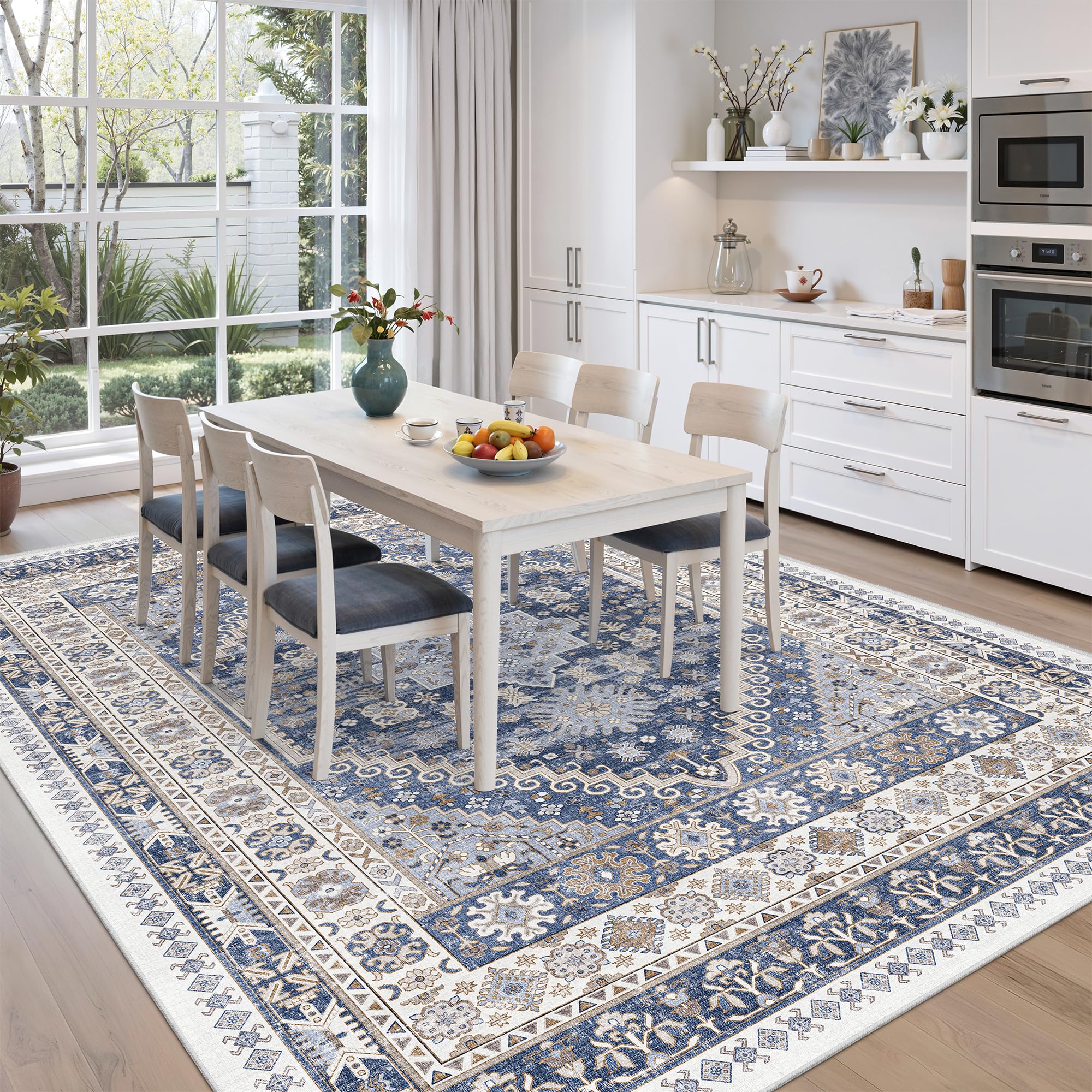 Zesthome blue beige rug complements modern and traditional rooms.