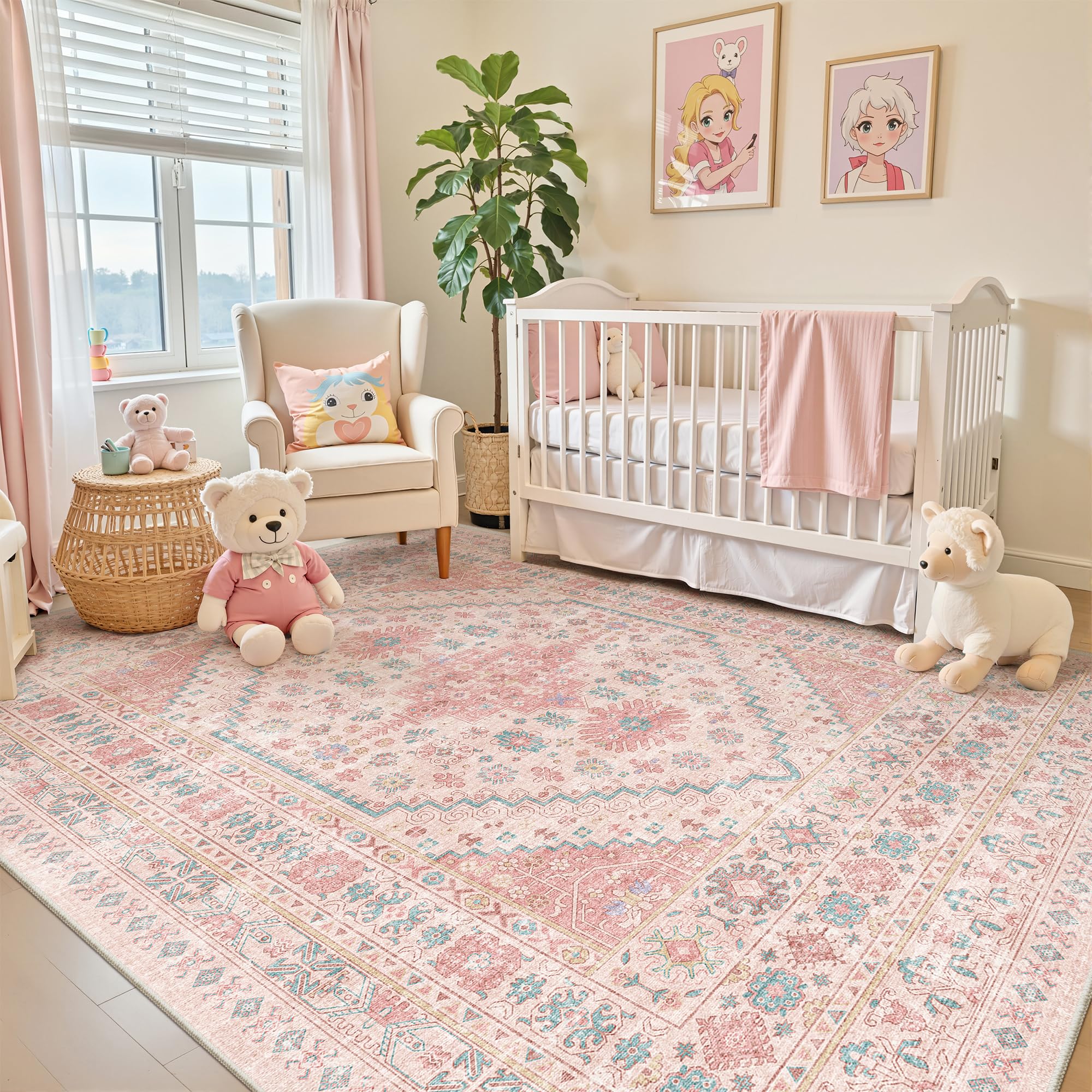 Zesthome Pink Rug 5x7 in bedroom setup offering cozy warmth