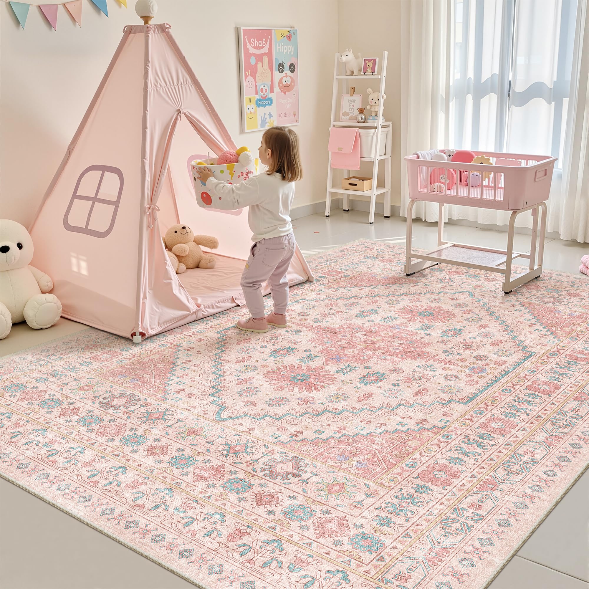 Zesthome Pink Rug non-slip backing keeps kids' play area stable