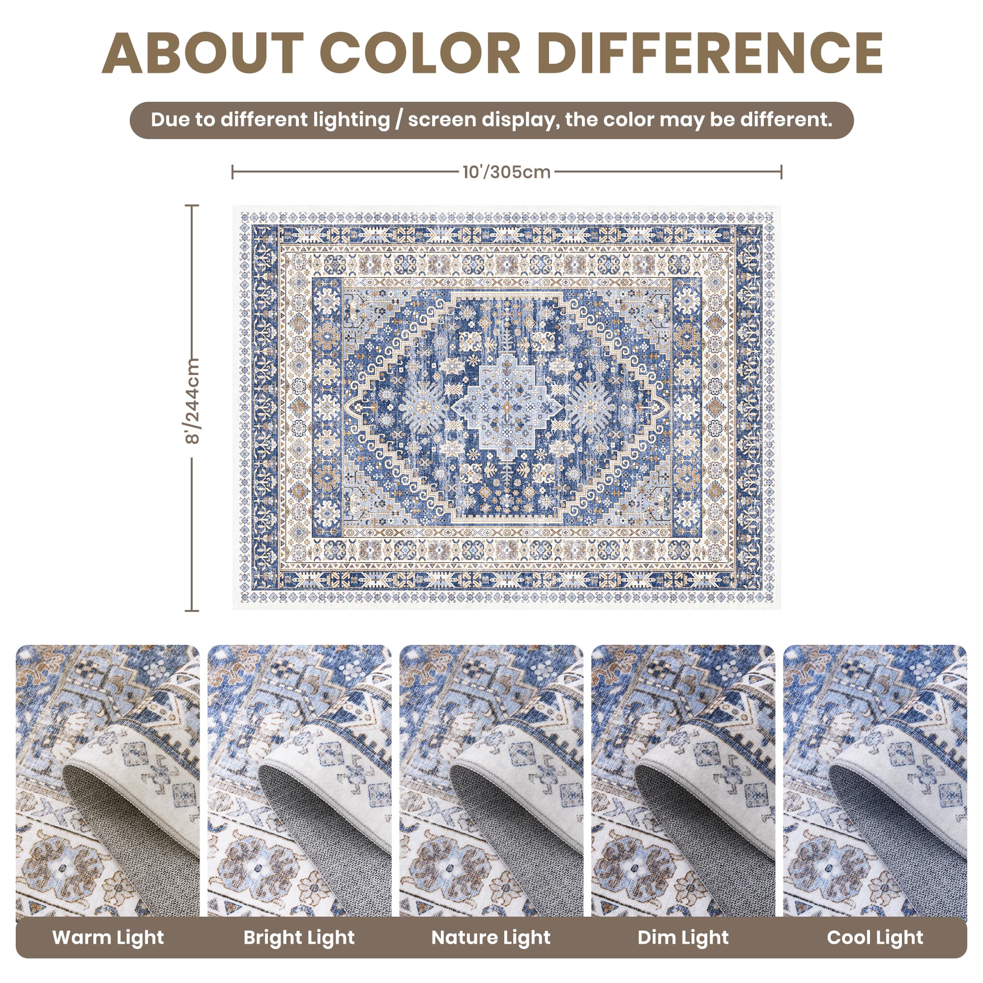 Zesthome vintage geometric blue beige rug enhances style while masking wear in busy spaces.