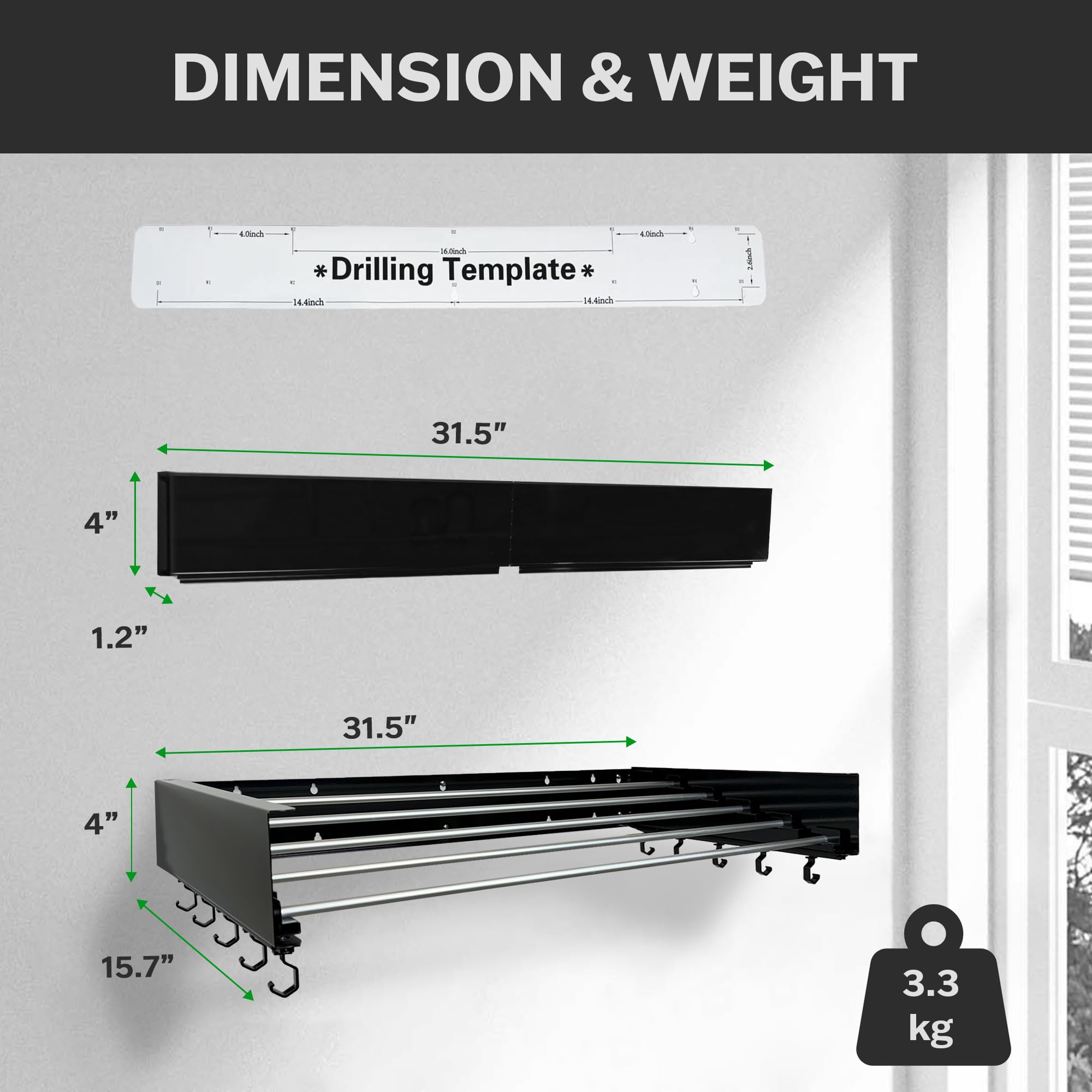 Zetez rack shows five aluminum rods for robust garment hanging options.