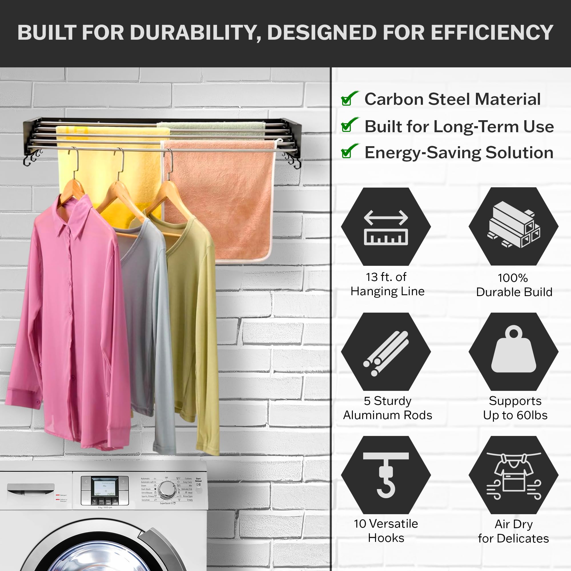 Zetez retractable rack folded against wall to save space in small rooms.