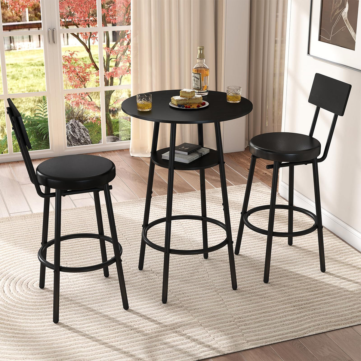 Zevemomo round bar table with center storage shelf keeps essentials organized.