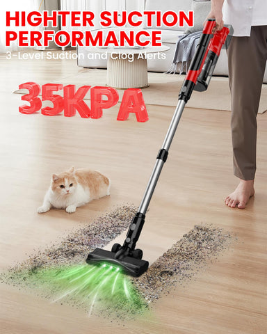 LED motorized floor brush lights up to reveal dust for thorough cleaning.