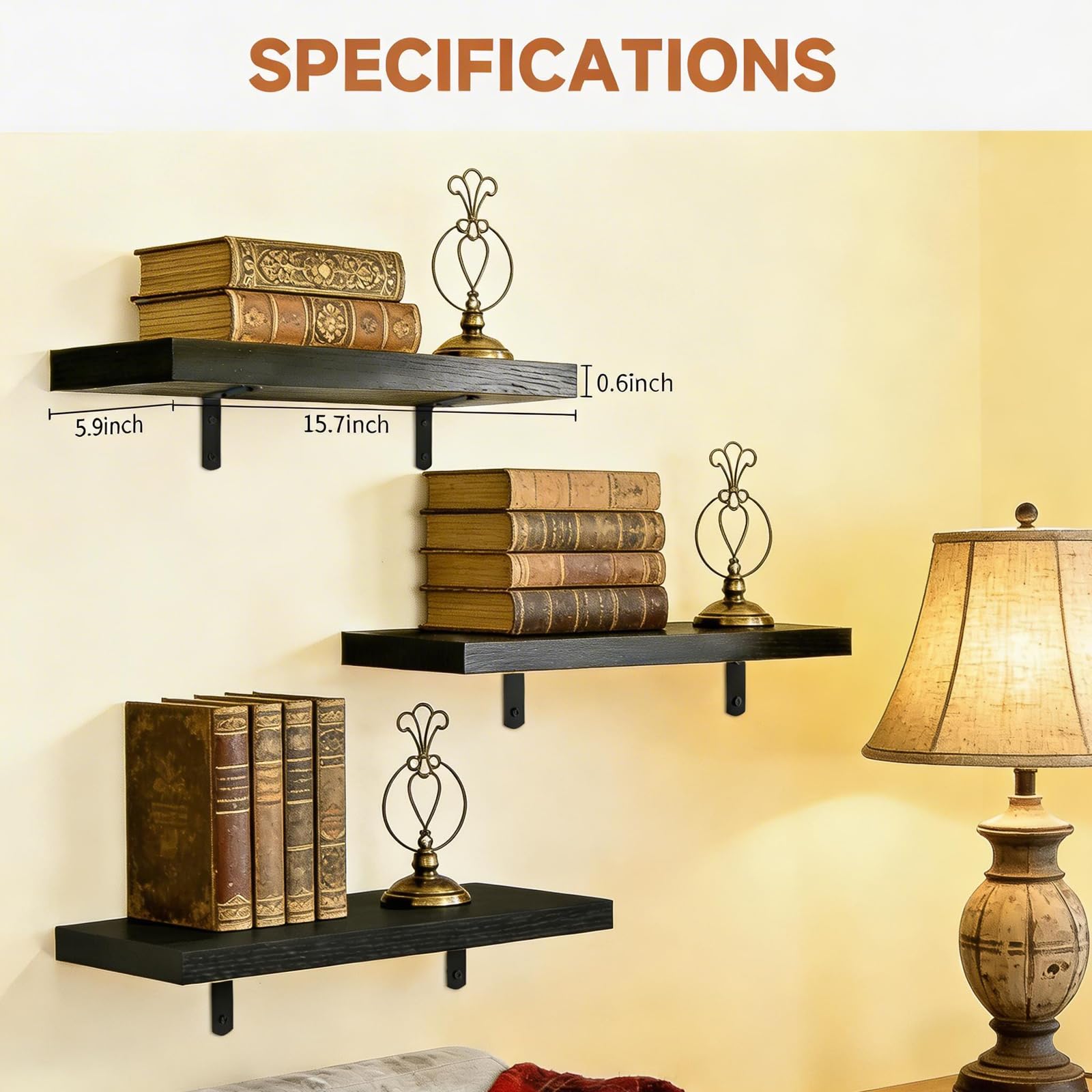 Zexigtau floating shelves with brackets closeup showing sturdy wood and metal support.