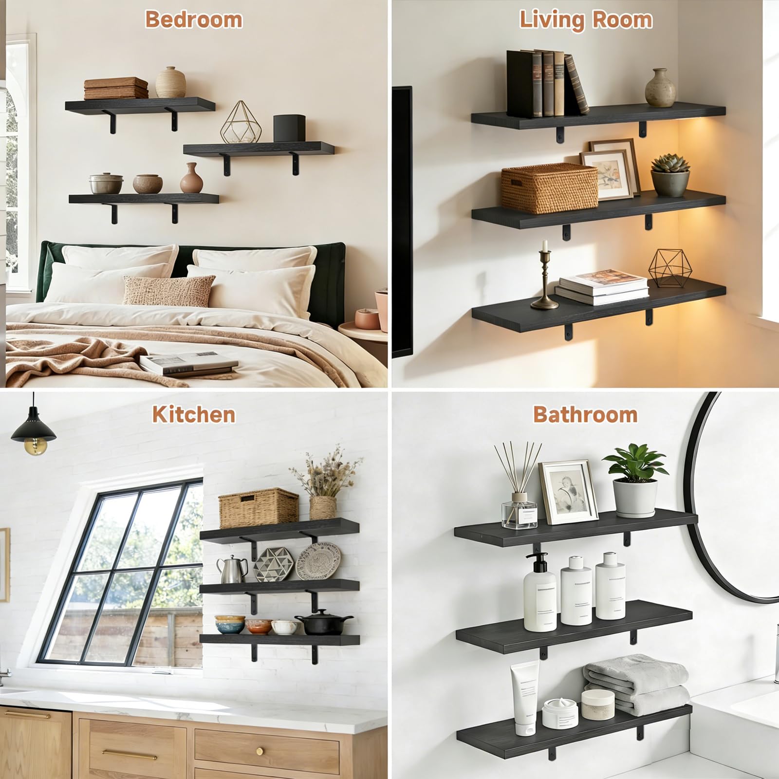 Zexigtau kitchen wall shelves hold jars and spices neatly.