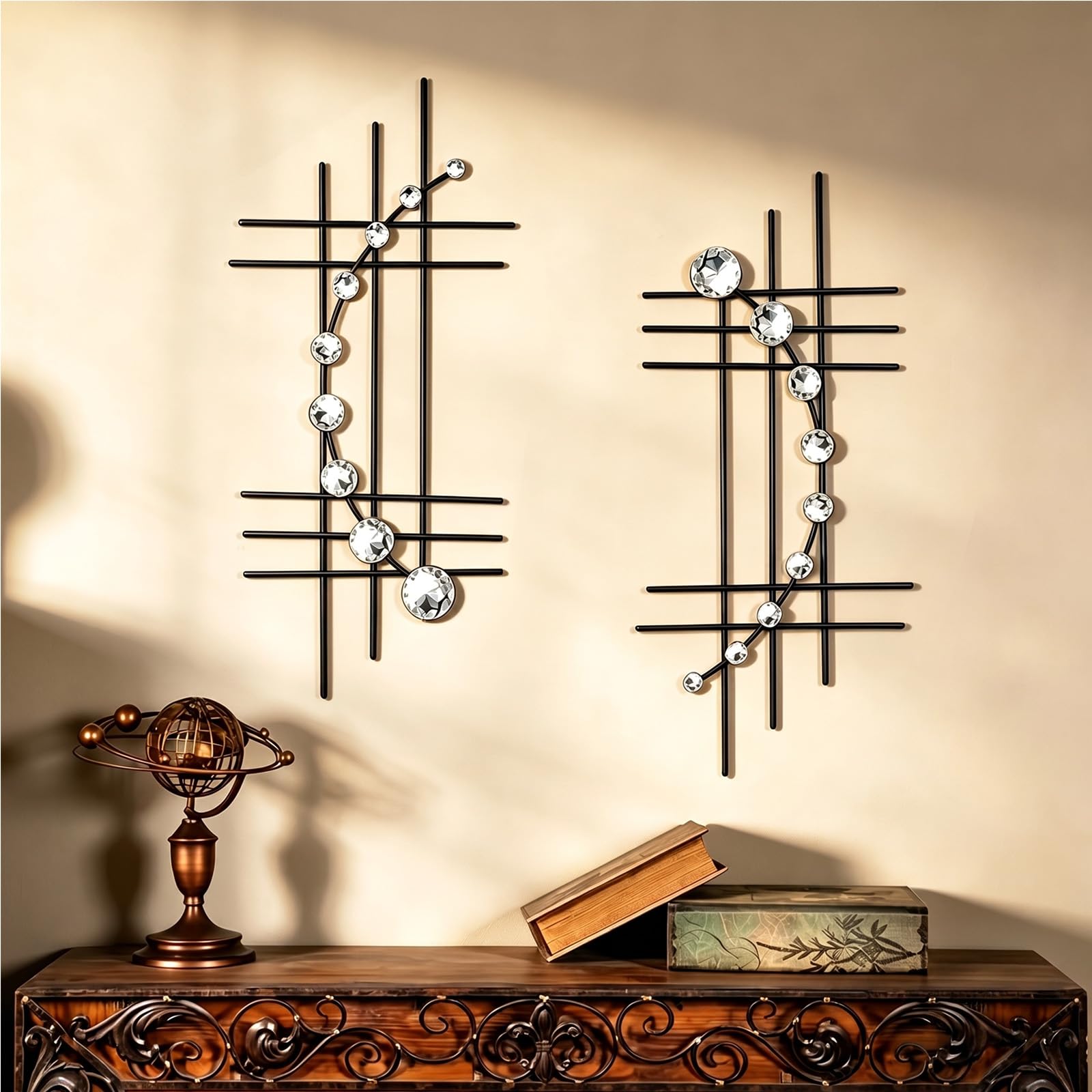 ZEXUIRU silver abstract wall art two-piece set displayed above a sofa