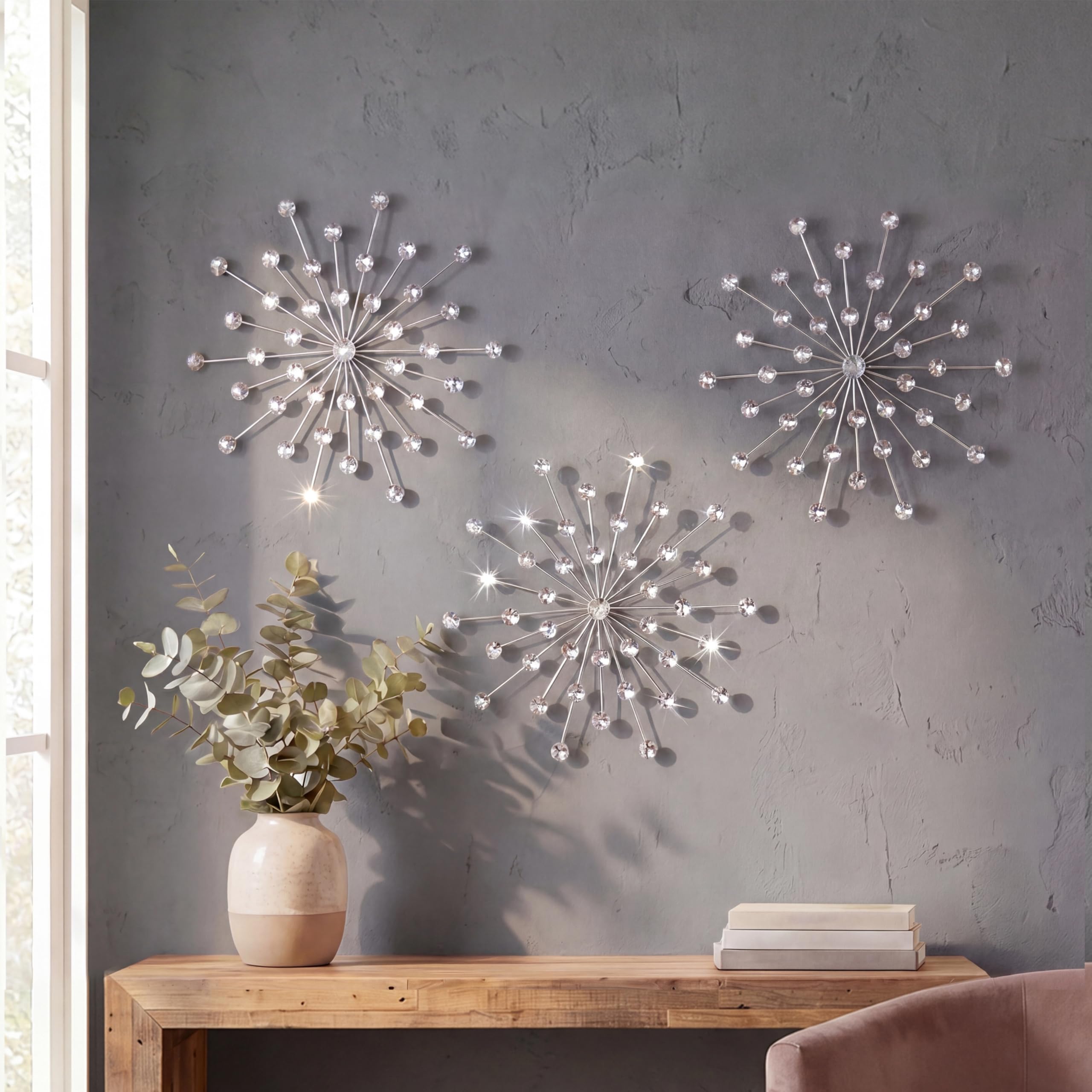 ZEXUIRU silver sunburst wall decor set, three-piece hanging display for a glam focal point.
