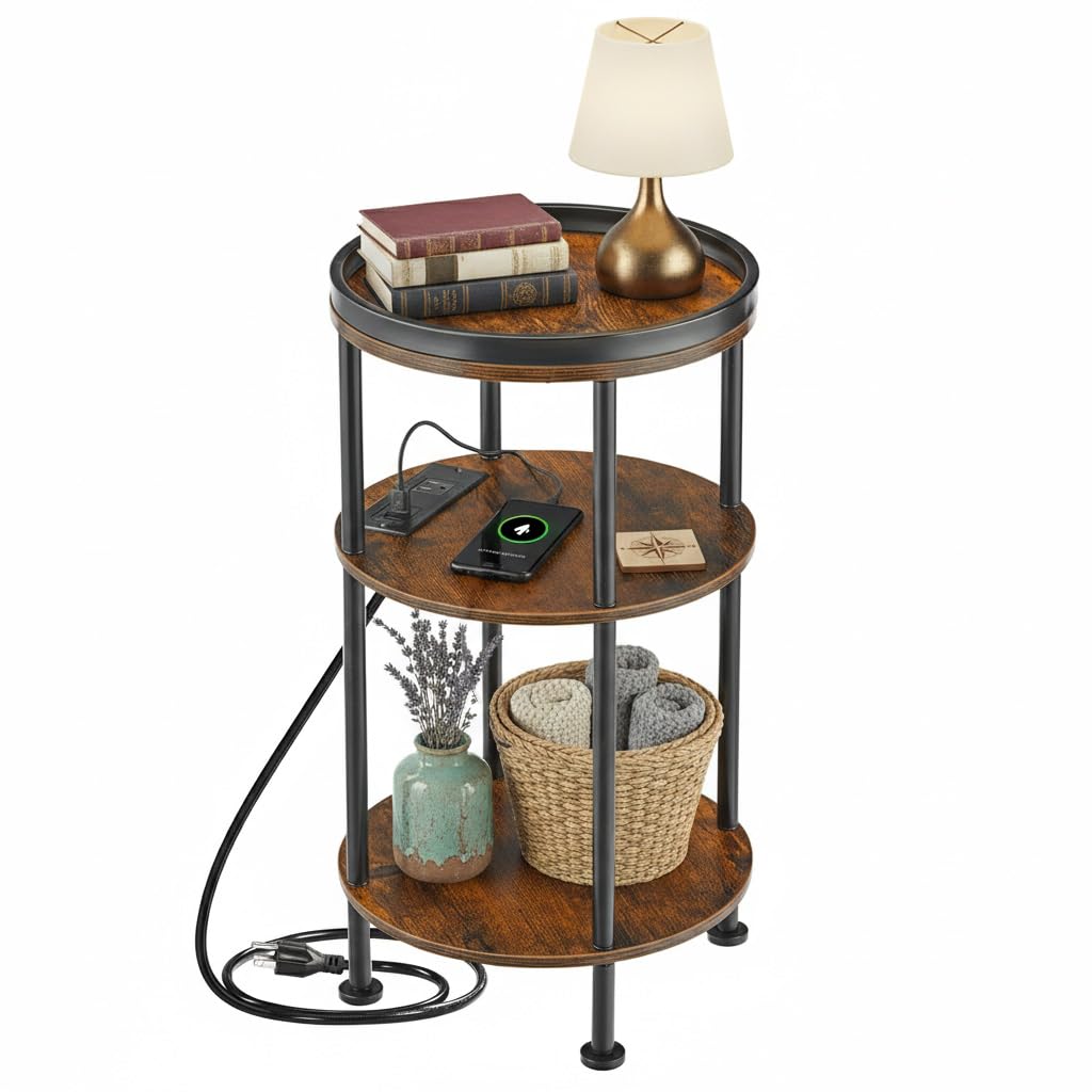 ZEXVIDA round end table with USB charging for tidy device power at hand.