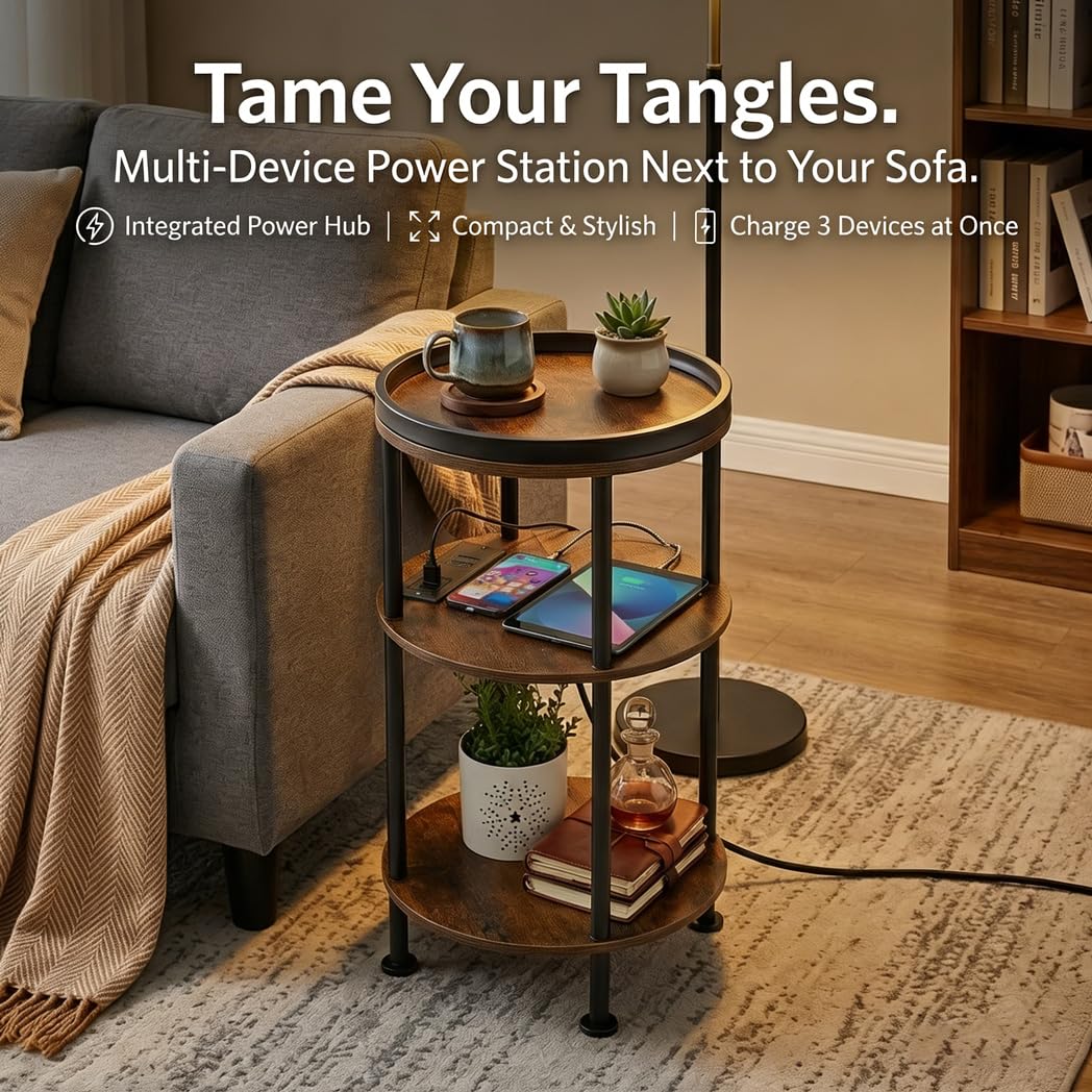 ZEXVIDA small side table with outlets ideal for bedrooms and desks.