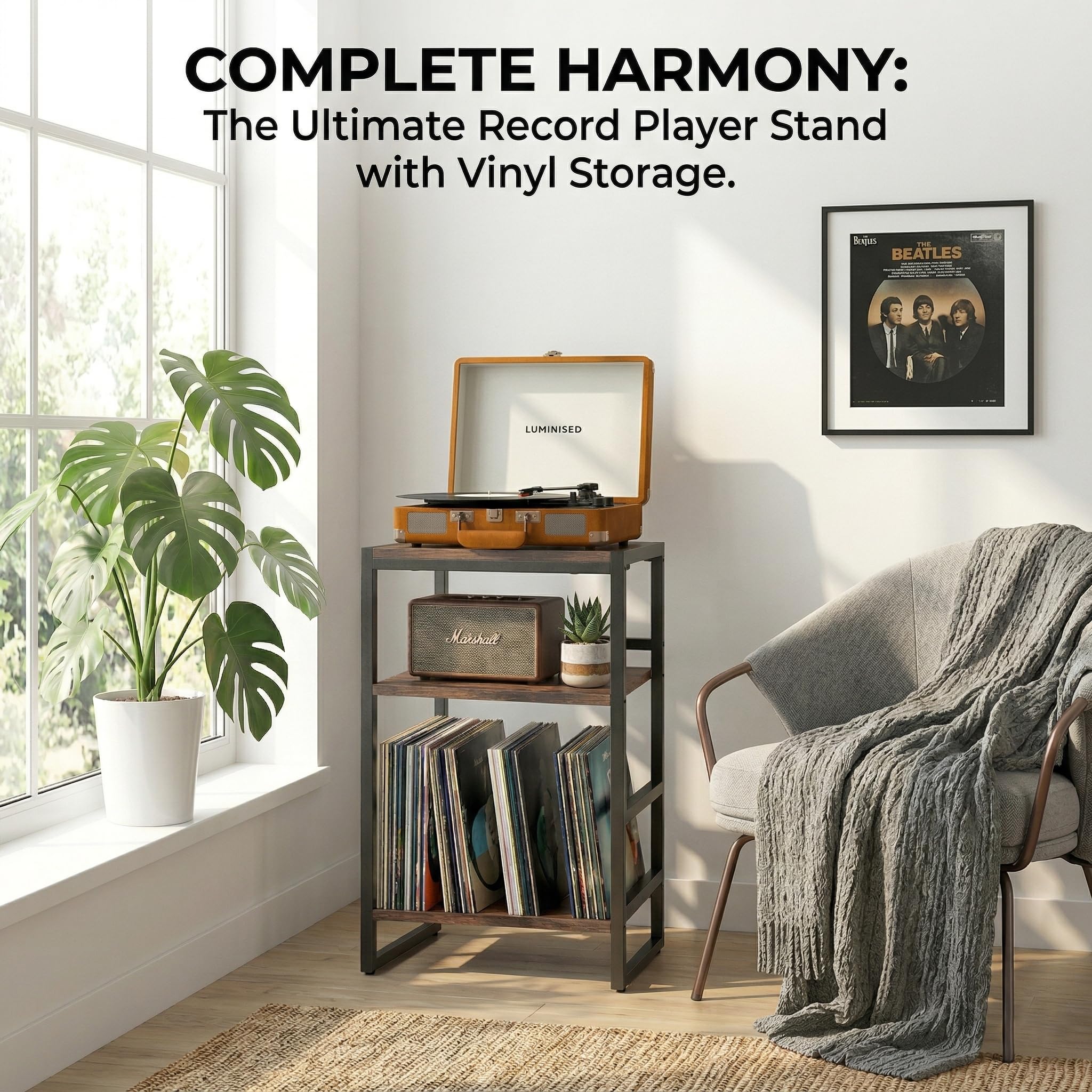Vinyl storage holds up to 120 albums for growing collections