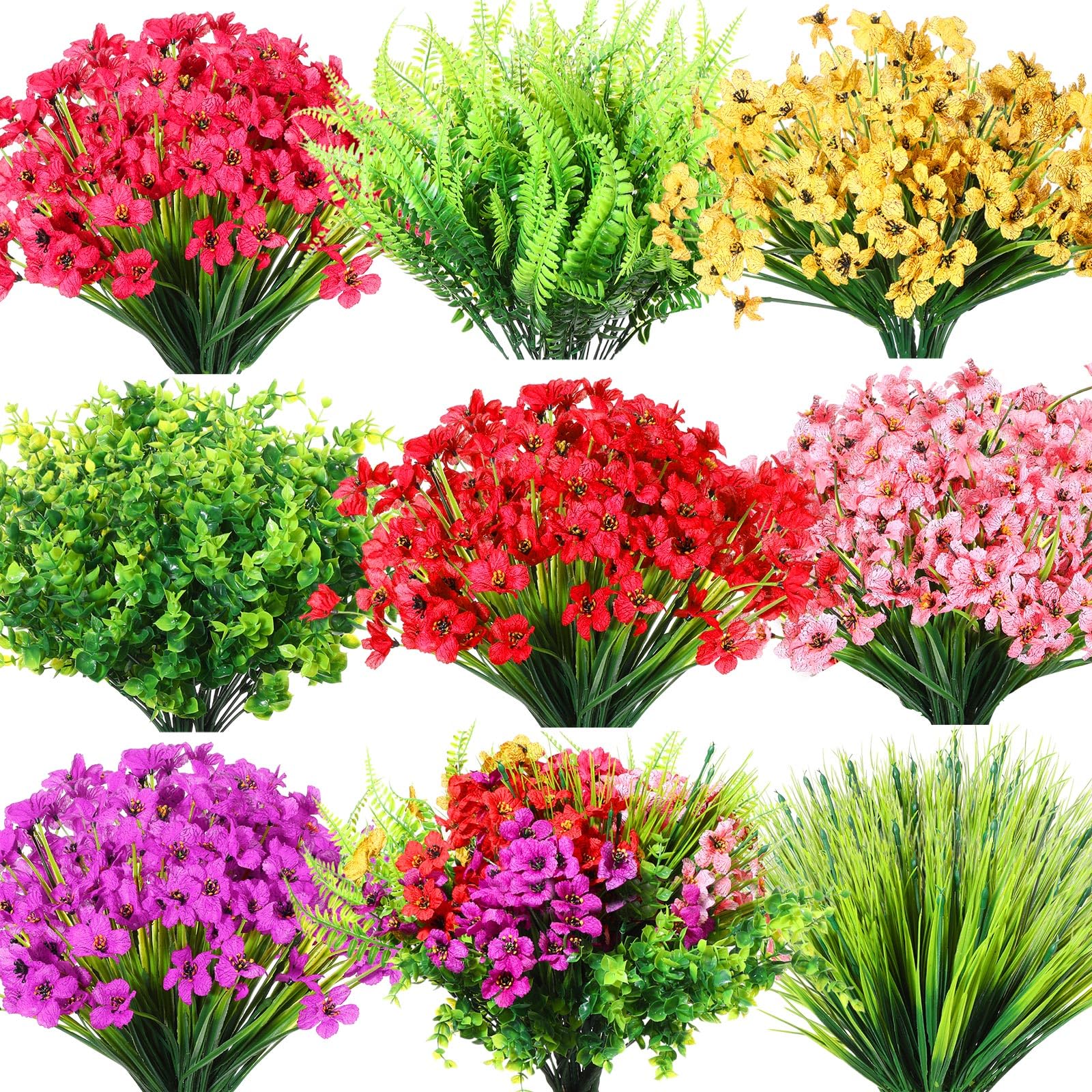 Zeyune 56-bundle outdoor artificial flowers brighten the patio with vivid, maintenance-free color.