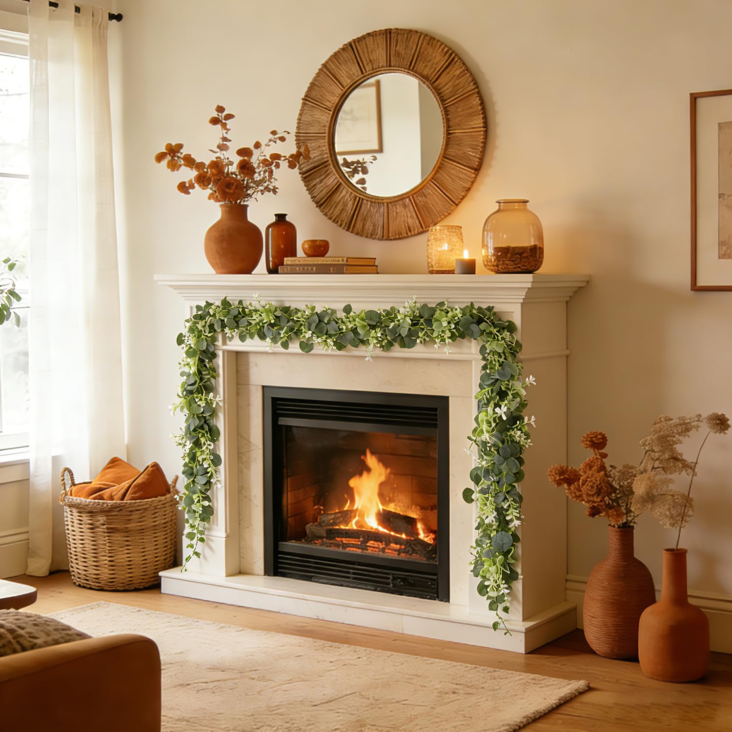 Zfaron garland styled on a bedroom mantle for year-round warmth
