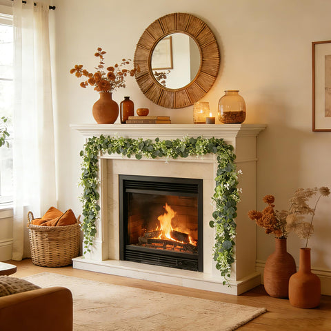 Zfaron garland styled on a bedroom mantle for year-round warmth