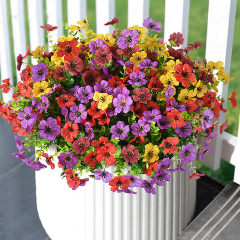 ZFProcess artificial flowers on a sunlit porch brighten outdoor decor.