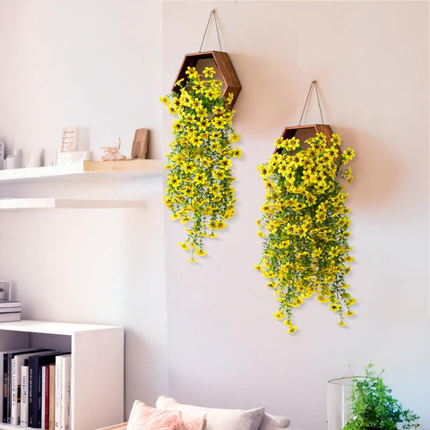 ZFProcess indoor living-room styling with yellow hanging daisies adds fresh charm