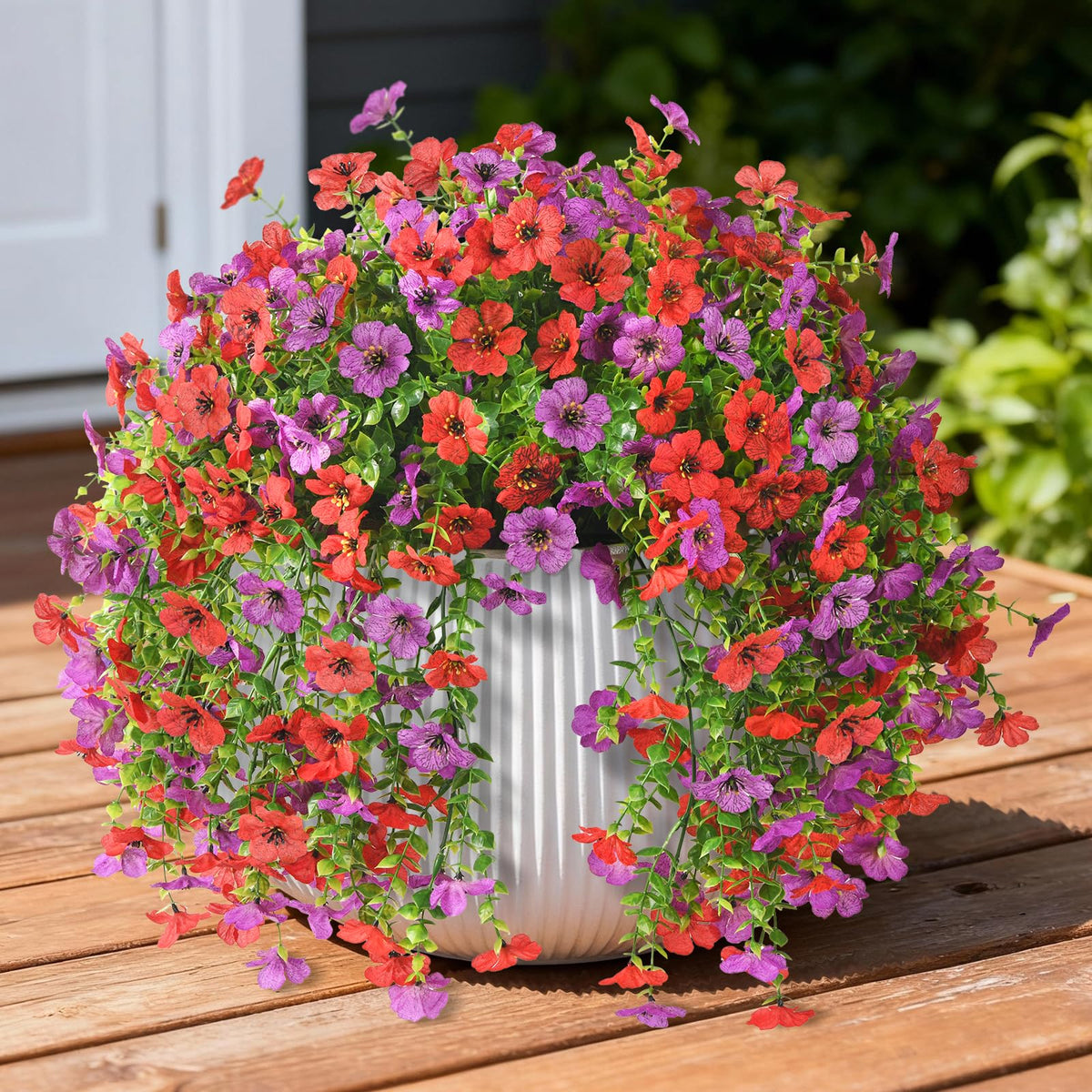ZFProcess artificial hanging daisy on outdoor porch with vivid purple-red petals.