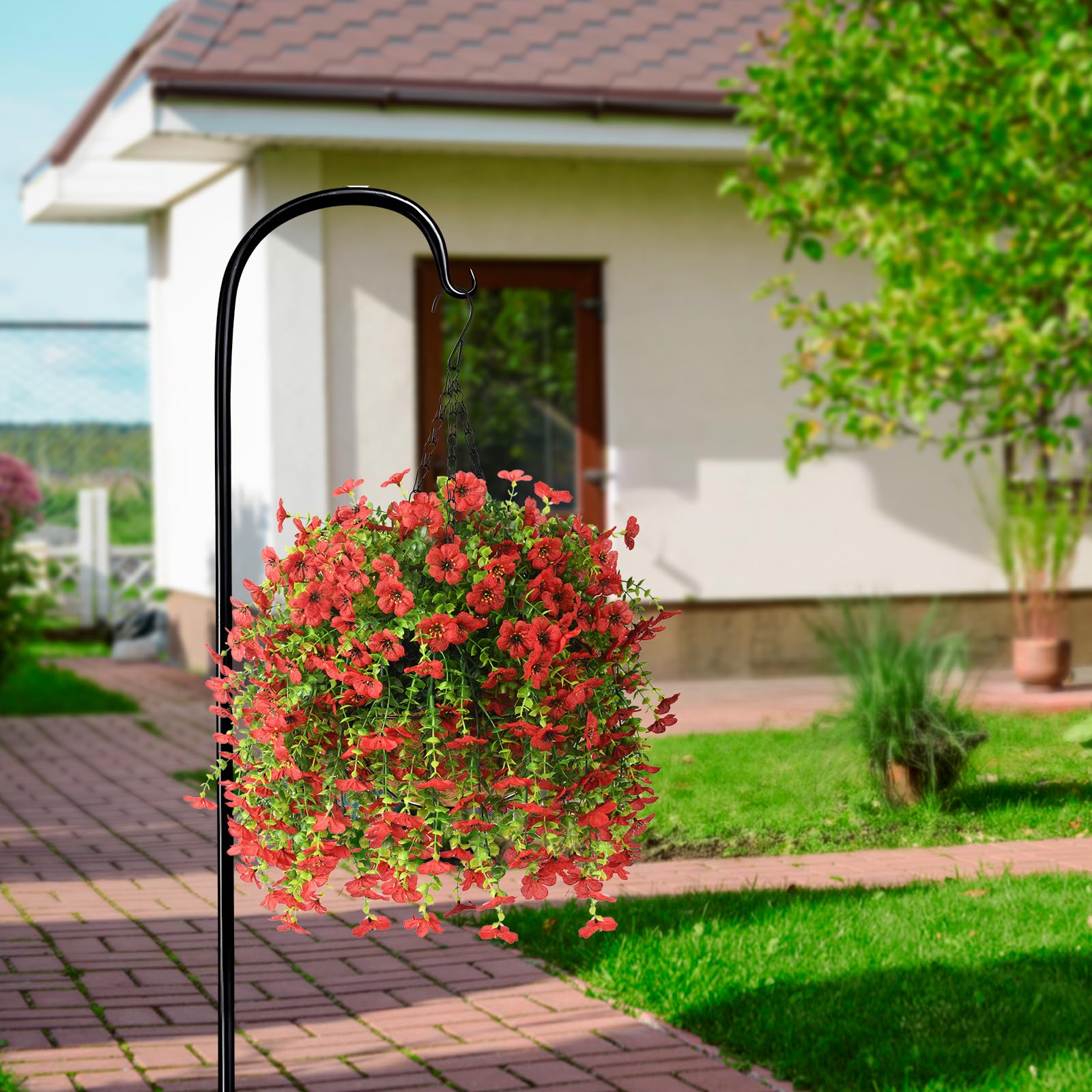 ZFProcess outdoor hanging flower in red enhances curb appeal without upkeep.
