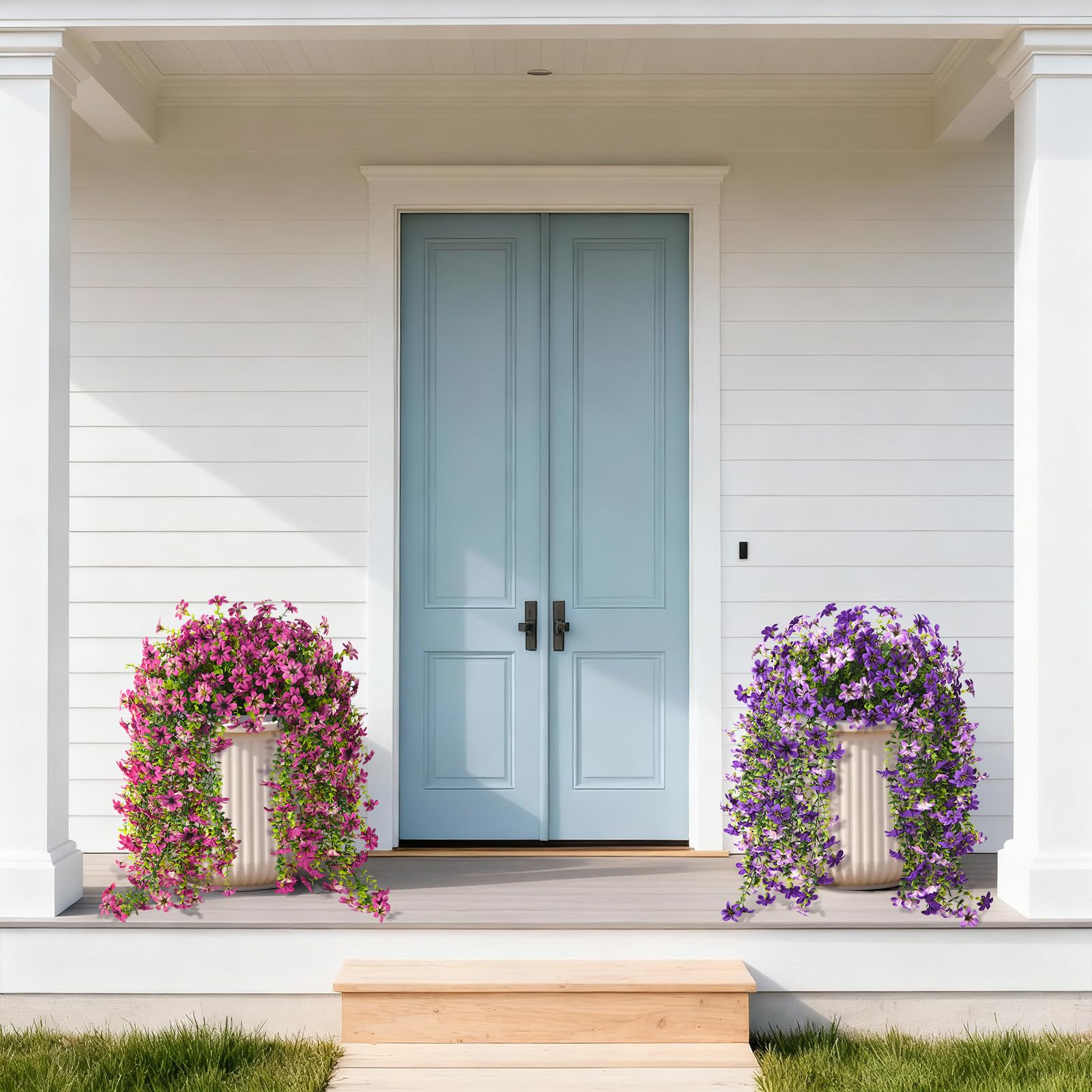 ZFProcess outdoor porch display with hanging daisies stays fresh in sun