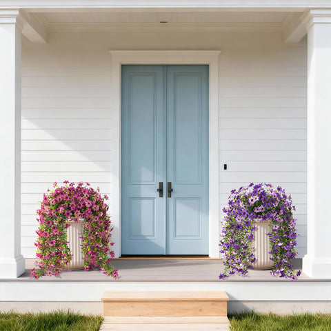 ZFProcess outdoor porch display with hanging daisies stays fresh in sun