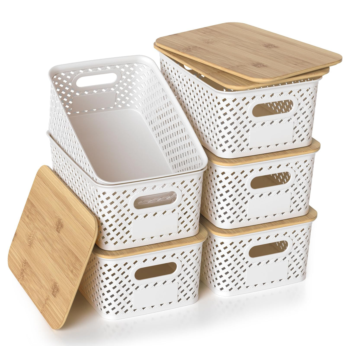 ZFTMRR plastic storage bin with bamboo lid for organized shelves