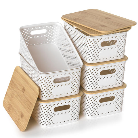 ZFTMRR plastic storage bin with bamboo lid for organized shelves