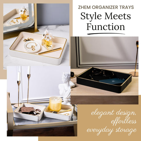 ZHEM leather catchall tray shown as a two-pack setup on a nightstand.