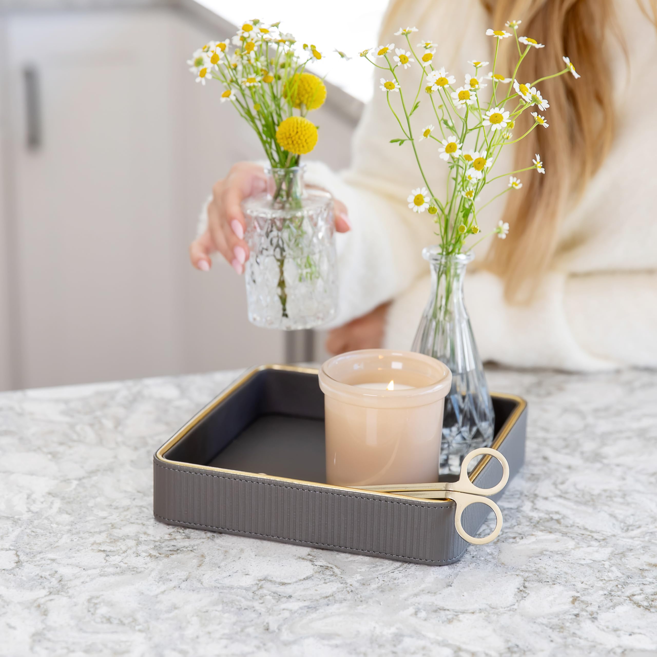 ZHEM leather catchall tray in black finish adding subtle elegance to a desk.