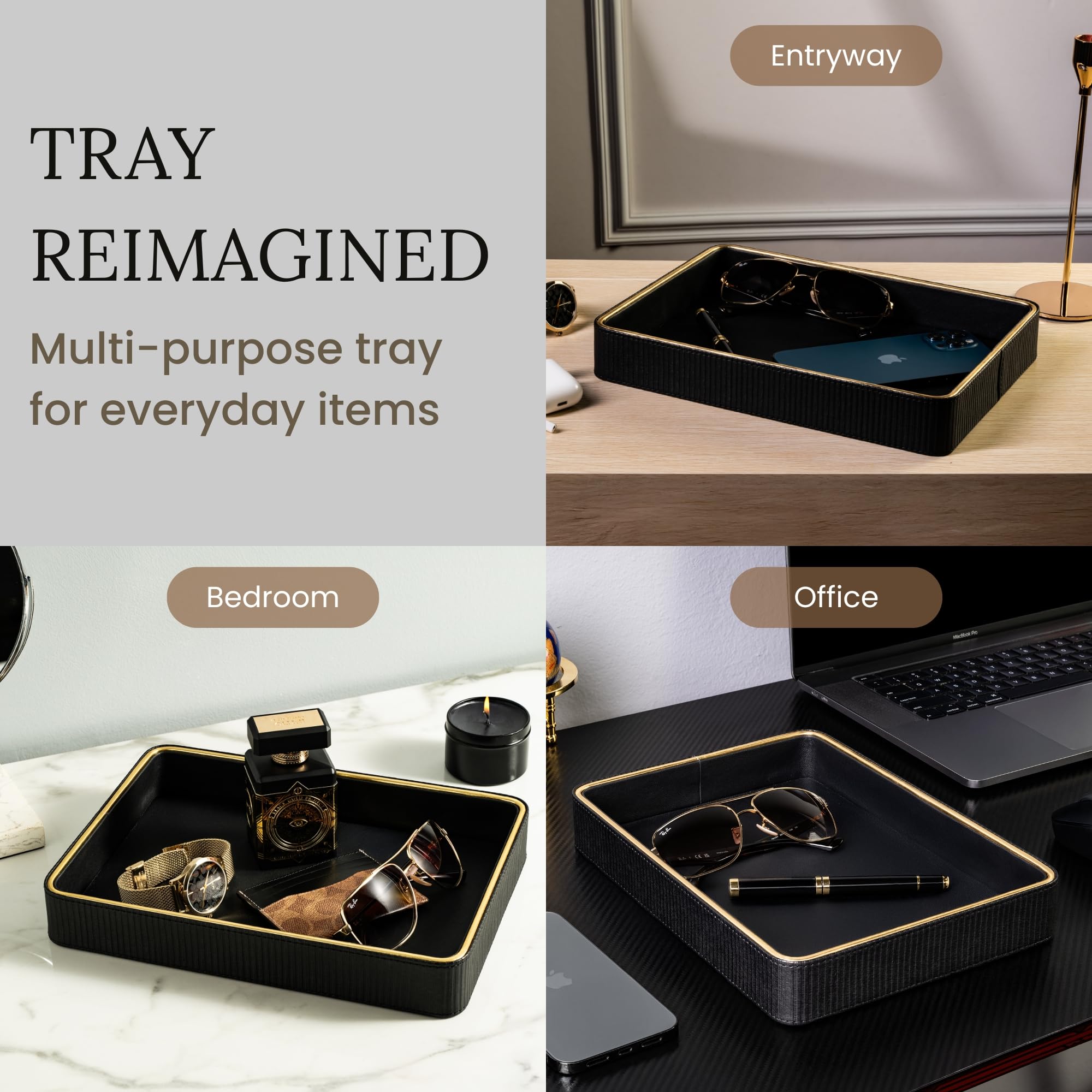 ZHEM leather catchall tray on dresser setup with perfumes and small items organized.