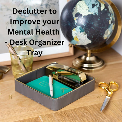 ZHEM leather catchall tray featuring remote, wallet, and small accessories organization.
