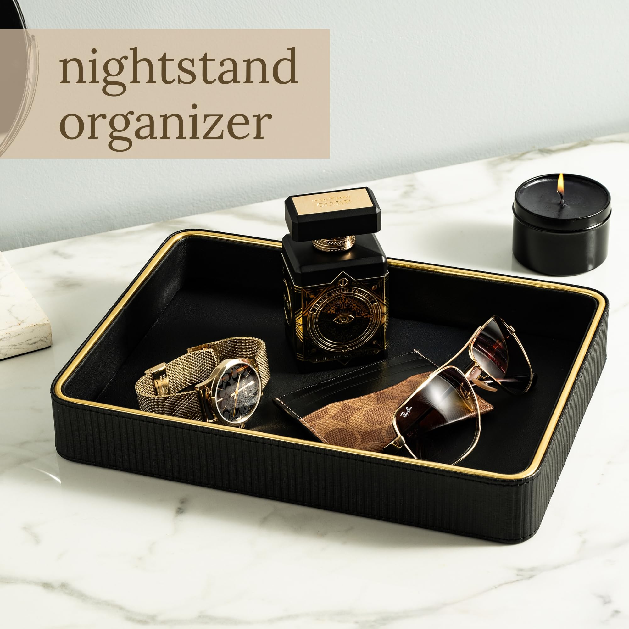 ZHEM leather catchall tray top view placed on a nightstand for easy access.