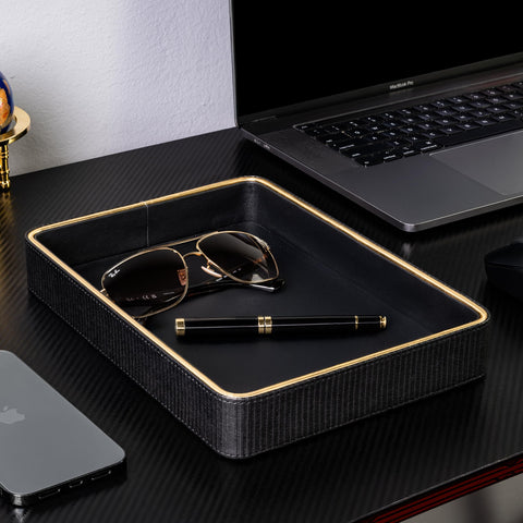 ZHEM leather catchall tray with items like perfume and keys within easy reach.