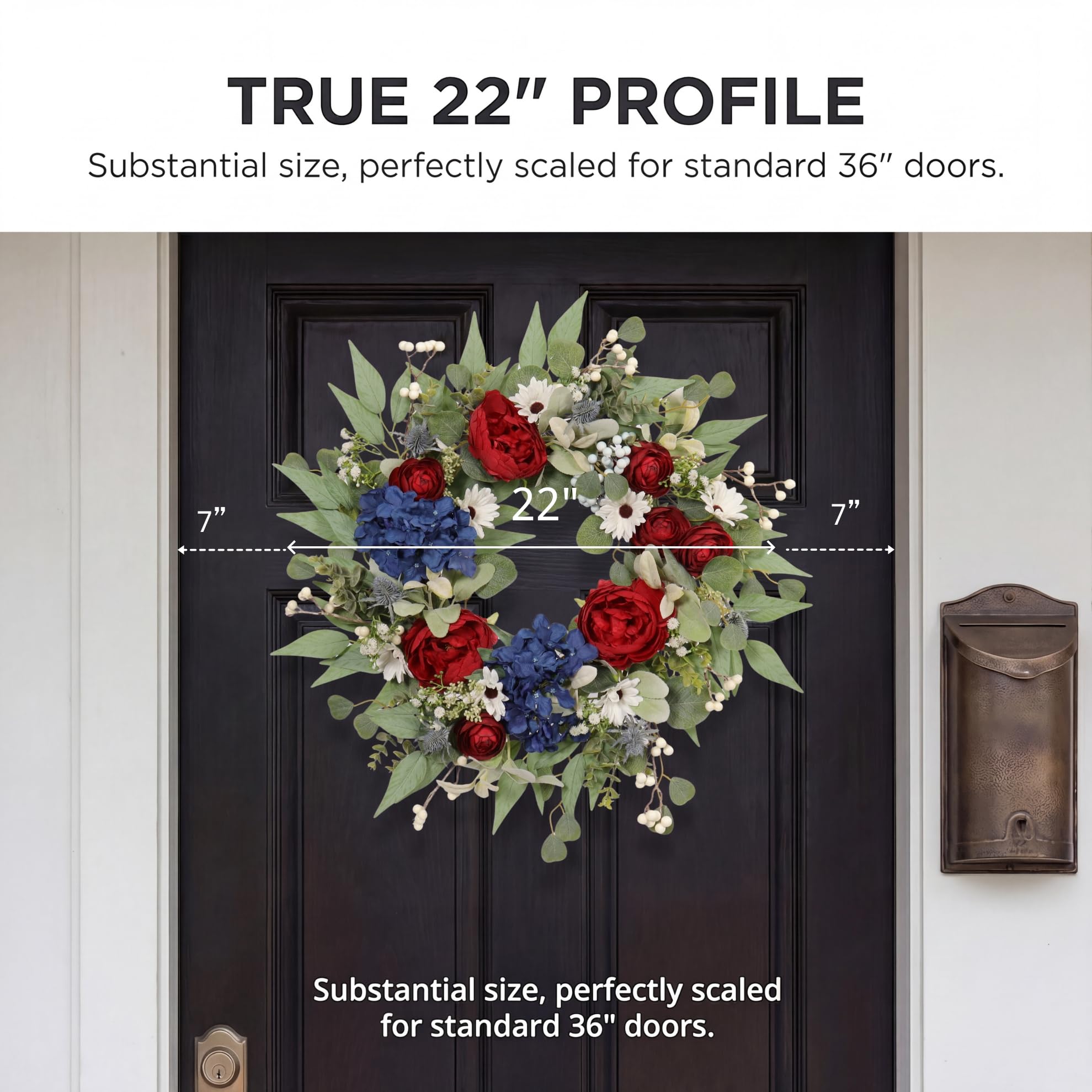 Zhemobang red white blue hydrangea wreath enhances outdoor summer decor.