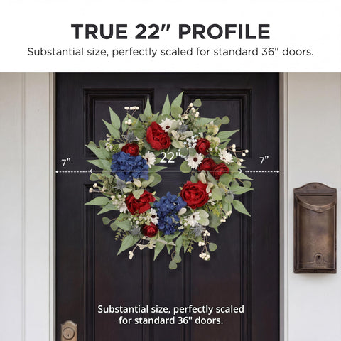 Zhemobang red white blue hydrangea wreath enhances outdoor summer decor.