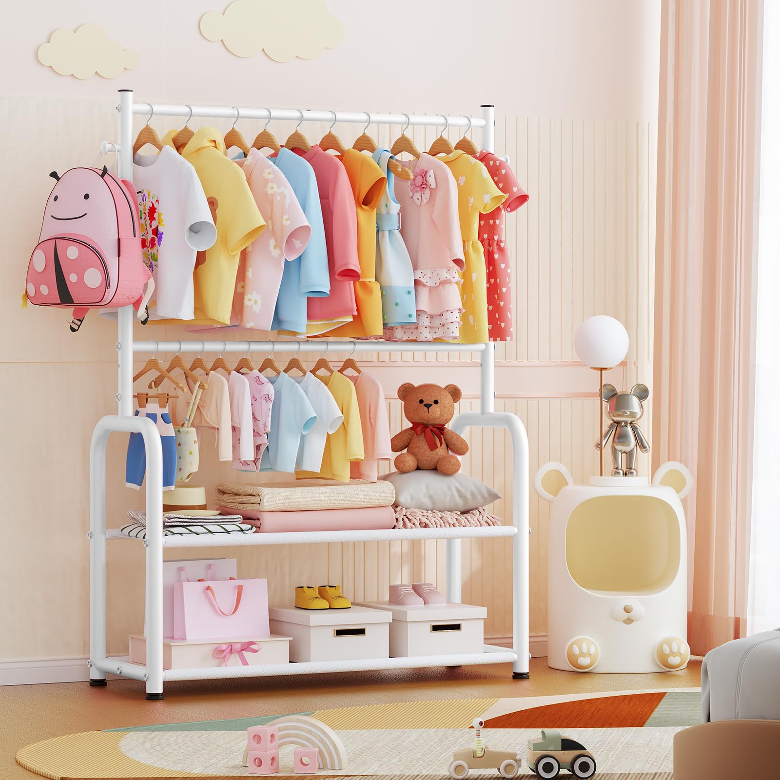 ZHKINGGS adjustable rods height feature supporting baby to kid-sized outfits.