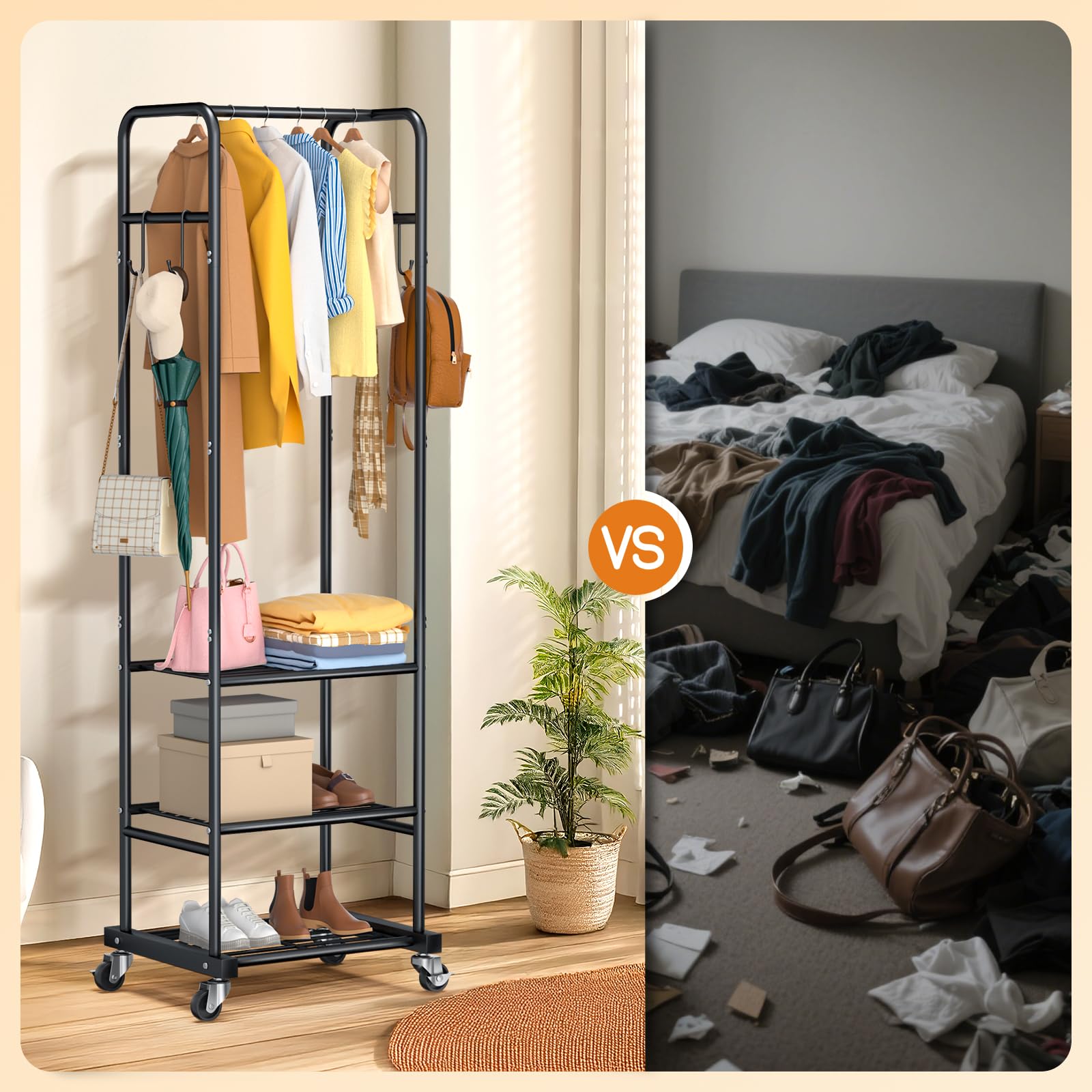 ZHKINGGS clothes rack with wheels in a bedroom setup illustrating compact organization