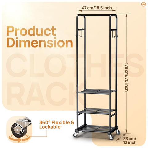ZHKINGGS clothes rack with wheels matte black finish suited for modern homes