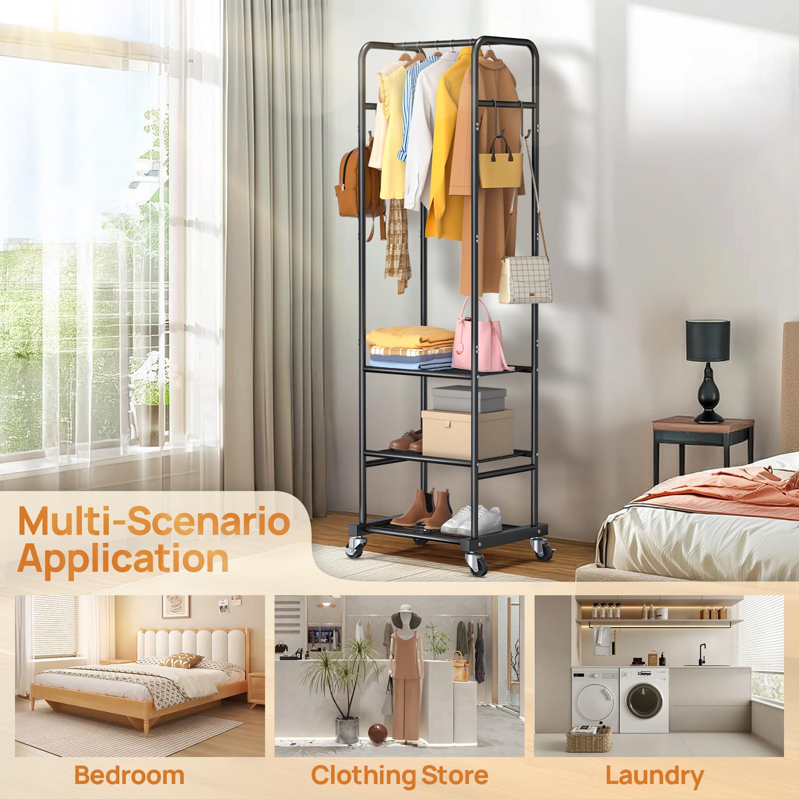 ZHKINGGS clothes rack with wheels in a living room setup for versatile display