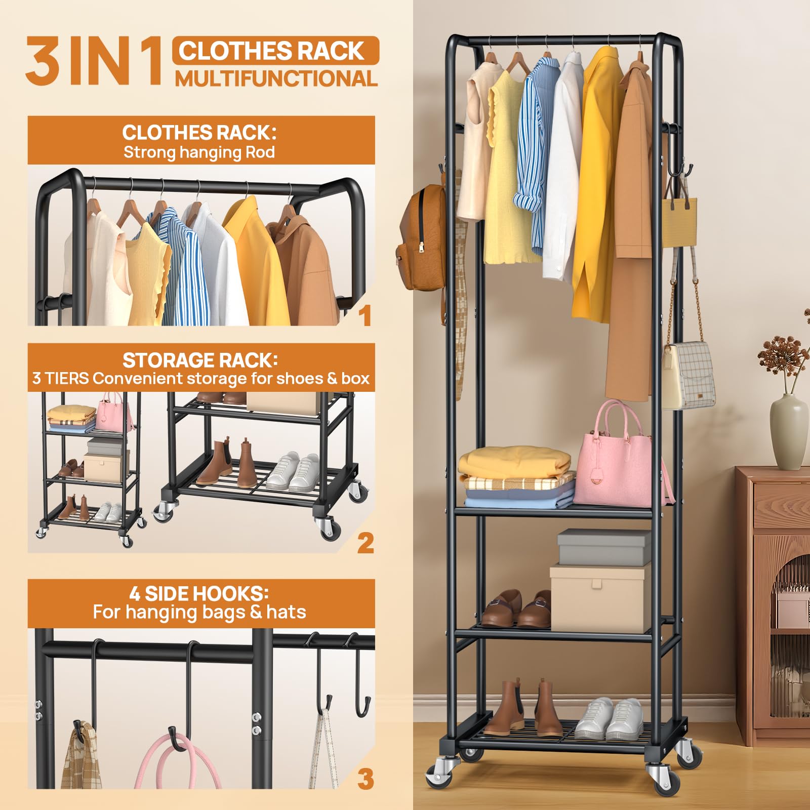 ZHKINGGS clothes rack with wheels bottom storage area for shoes or boxes