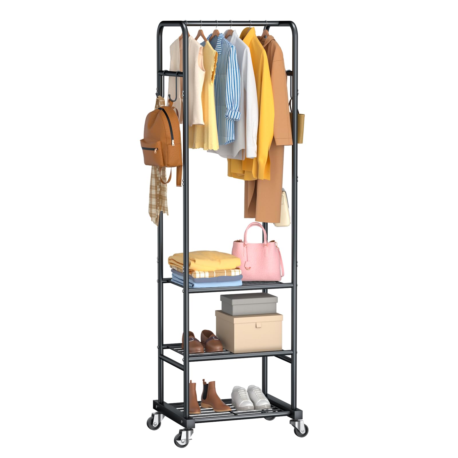ZHKINGGS clothes rack with wheels front view showing portable wardrobe layout